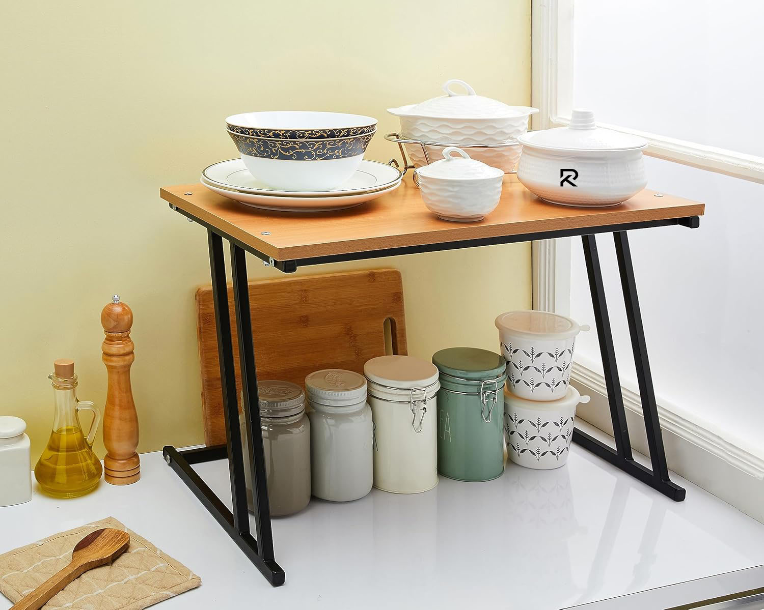 Picture of Indulge Durablity - Premium Quality RK Multifunctional Rack | Kitchen Storage Shelf, Microwave Stand, Cosmetic Shelf Rack | Floor-Mount Shelf with Black Pipe Design | Crafted with Engineered Wood & Metal