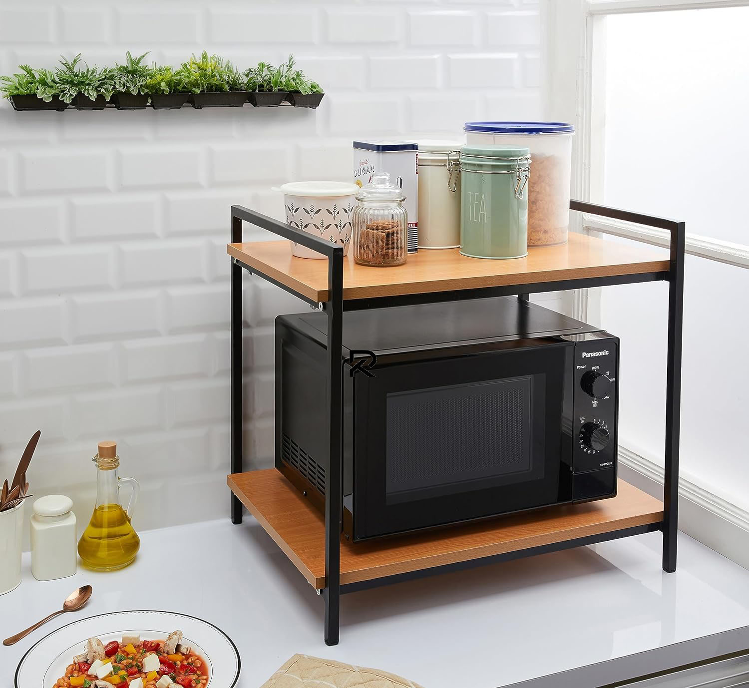 Picture of Indulge Durablity - Premium Quality RK  2 Layer Multifunctional Rack | Kitchen Storage Shelf, Microwave Stand, Cosmetic Shelf Rack | Floor-Mount Shelf with Black Pipe Design | Crafted with Engineered Wood & Metal