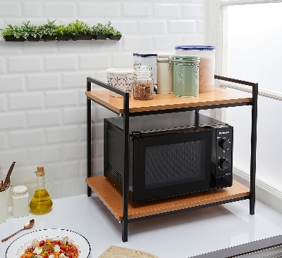 Picture of Indulge Durablity - Premium Quality RK  2 Layer Multifunctional Rack | Kitchen Storage Shelf, Microwave Stand, Cosmetic Shelf Rack | Floor-Mount Shelf with Black Pipe Design | Crafted with Engineered Wood & Metal