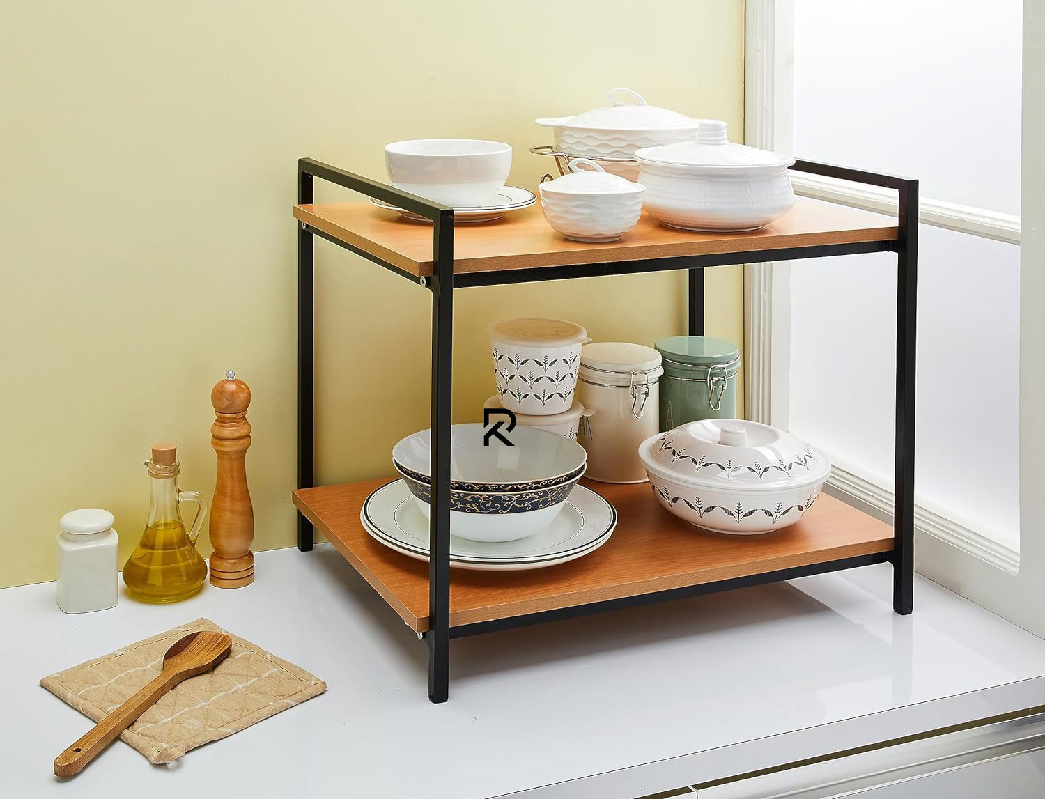Picture of Indulge Durablity - Premium Quality RK  2 Layer Multifunctional Rack | Kitchen Storage Shelf, Microwave Stand, Cosmetic Shelf Rack | Floor-Mount Shelf with Black Pipe Design | Crafted with Engineered Wood & Metal