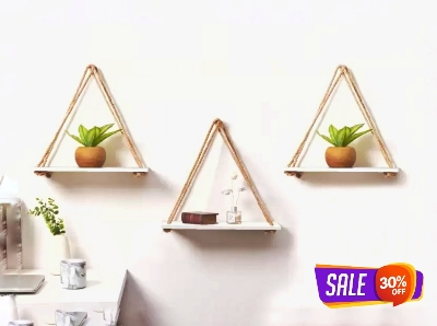 Picture of 3 Pcs,Wall Hanging Shelf, Floating Shelves for Wall, Jute Rope Wall Mounted Float Swing Shelf with  Hooks, Rope Hanging Shelves Rustic Storage Rack for Home Office Decor