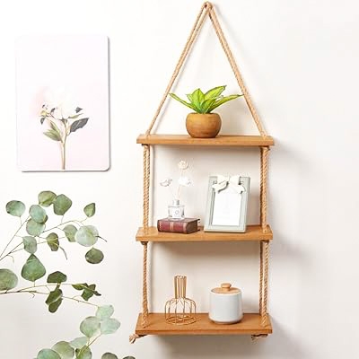 Picture of 3 layers Floating Shelf Wall Hanging Rope Durable Rack for Living Room Bedroom Bathroom Kitchen
