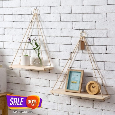 Picture of Wood Swing Hanging Rope Plant Hanger Wall Mounted Floating Shelves Design Flower Pot Tray For Home Wedding Decor DIY Wood Crafts