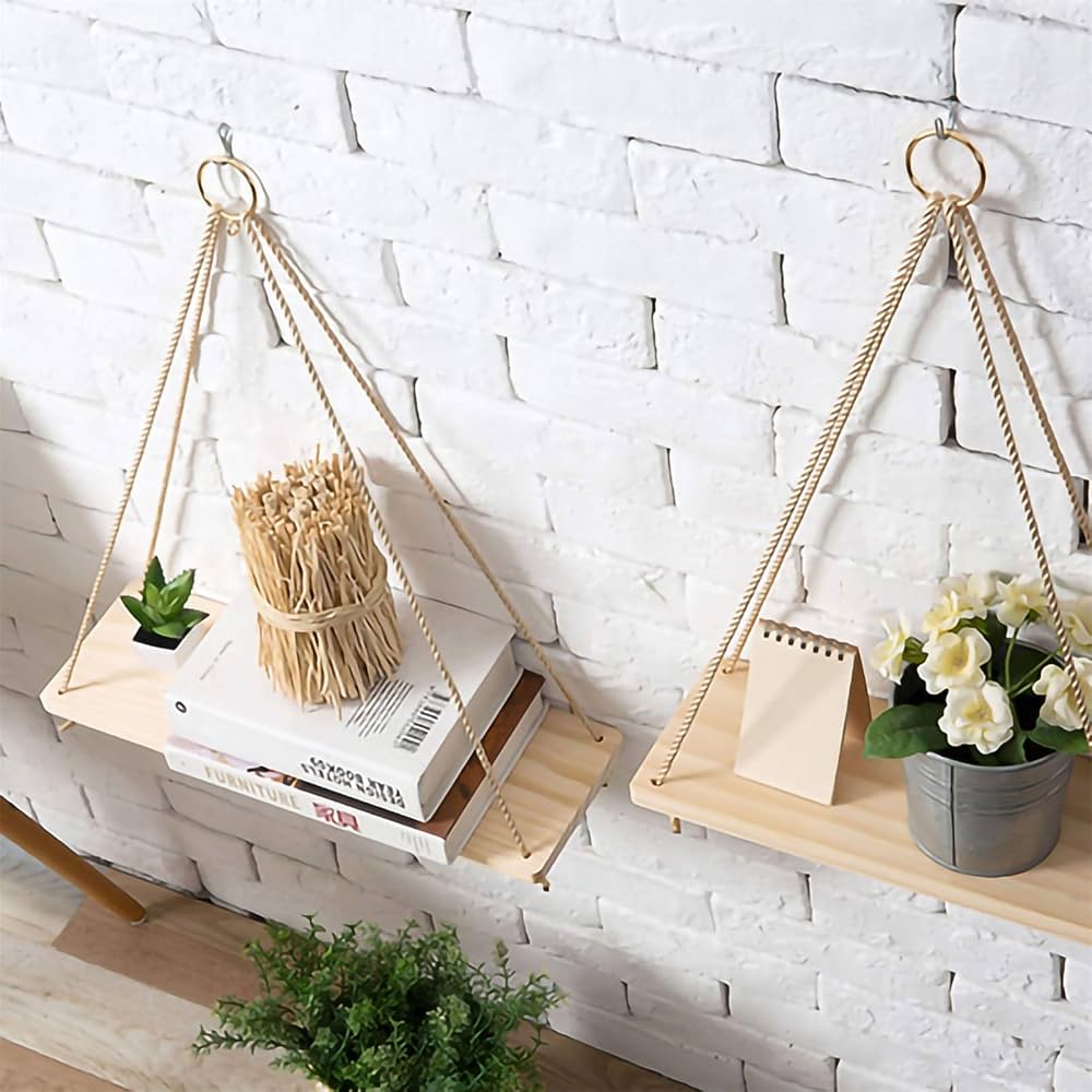 Picture of Wood Swing Hanging Rope Plant Hanger Wall Mounted Floating Shelves Design Flower Pot Tray For Home Wedding Decor DIY Wood Crafts