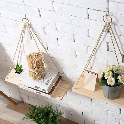 Picture of Wood Swing Hanging Rope Plant Hanger Wall Mounted Floating Shelves Design Flower Pot Tray For Home Wedding Decor DIY Wood Crafts