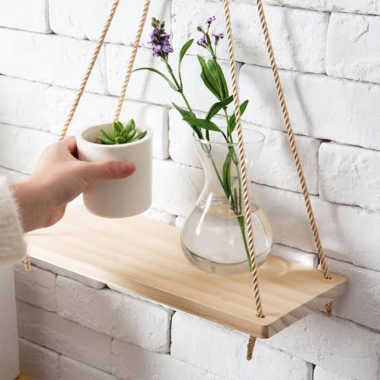 Picture of Wood Swing Hanging Rope Plant Hanger Wall Mounted Floating Shelves Design Flower Pot Tray For Home Wedding Decor DIY Wood Crafts