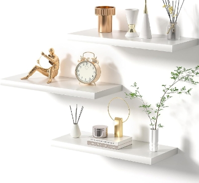 Picture of Set of 3 Floating Shelves, Wall Mounted
Shelves with Invisible Brackets, Wall Shelves
for Bathroom, Bedroom, Office, Living Room,
Kitchen, Shelves for Wall Decor Storage, White
Set of 3 (White 12/6 Set of 3)