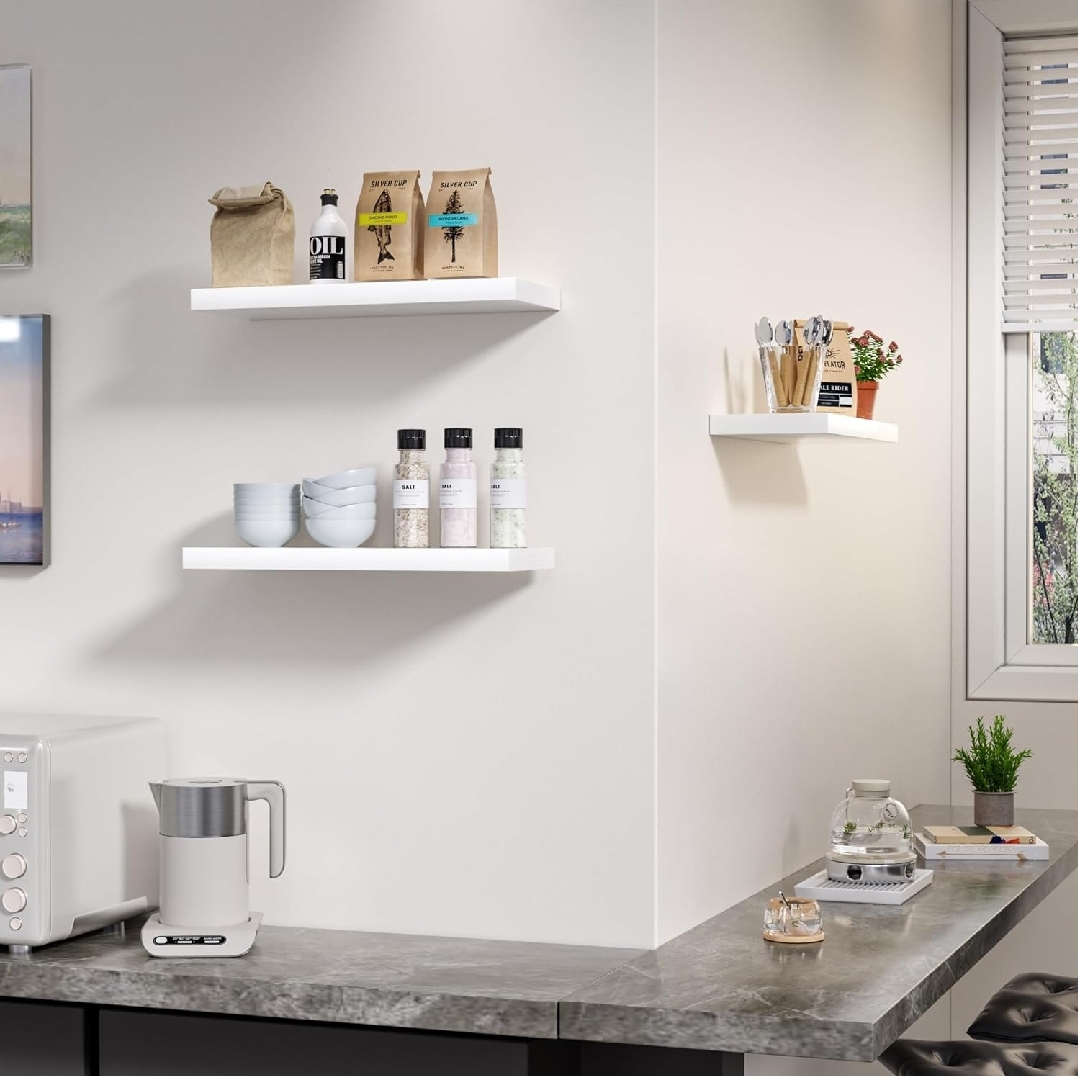 Picture of Set of 3 Floating Shelves, Wall Mounted
Shelves with Invisible Brackets, Wall Shelves
for Bathroom, Bedroom, Office, Living Room,
Kitchen, Shelves for Wall Decor Storage, White
Set of 3 (White 12/6 Set of 3)