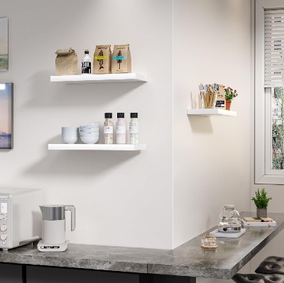 Picture of Set of 3 Floating Shelves, Wall Mounted
Shelves with Invisible Brackets, Wall Shelves
for Bathroom, Bedroom, Office, Living Room,
Kitchen, Shelves for Wall Decor Storage, White
Set of 3 (White 12/6 Set of 3)