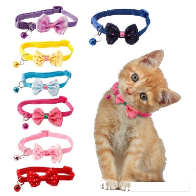 Picture of Pet Dog Cat Collar Adjustable Dot Prints Doggy Bow Tie With Bell Fashion Pets Necktie Collars Bells and Charms pet supplies