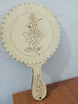Picture of Wooden Craft Embossed Design Mini Pocket Make Up Mirror With Handle