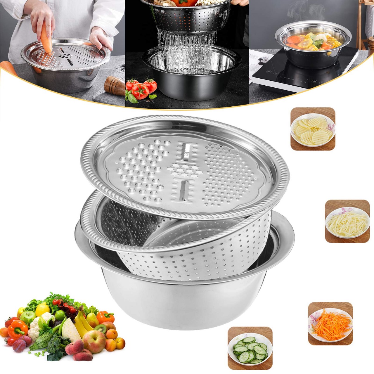 Picture of 3 in 1 Multifunctional Stainless Steel Grating Basin thick stainless steel drain basin kitchen/Vegetables Cutter Set