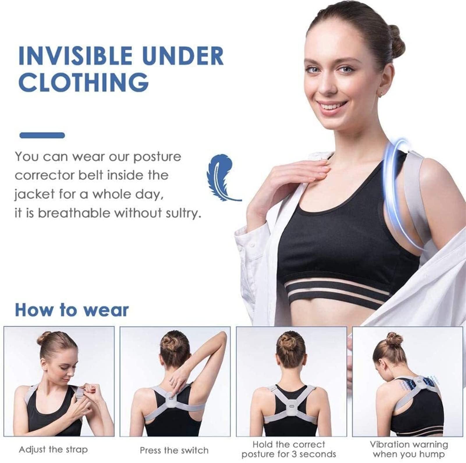 Picture of Posture Corrector Back Brace with Smart Sensor Vibration Reminder, Adjustable Back Shoulder Lumbar Waist Support Belt for Men and Women Back Posture