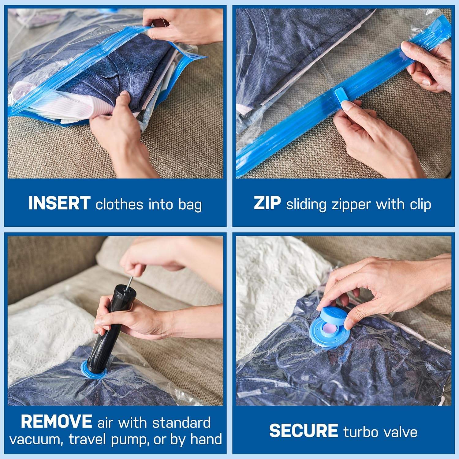 Picture of 4 Pack Small Vacuum Storage Bags with Hand Pump - Space Saver Solution for Home Organization Size 50x70cm/60x80cm/80x90cm