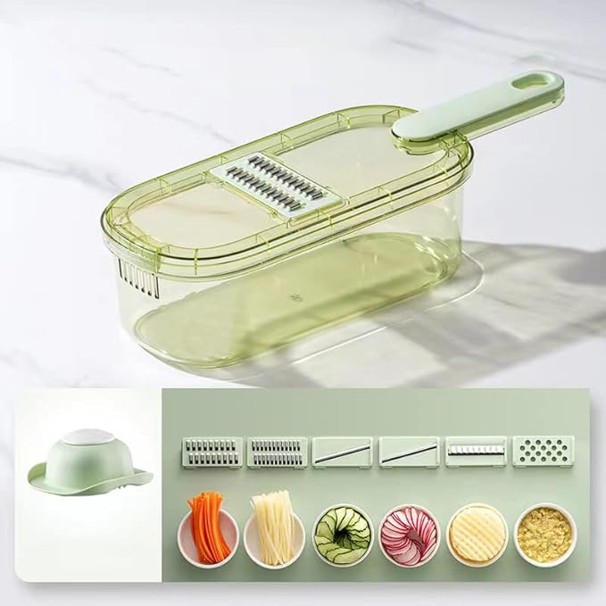 Picture of 6-in-1 Mandoline Slicer For Kitchen, Adjustable Food Slicer with 6 Stainless Steel Blades, Vegetable Slicer Julienne Cutter Cheese Grater with Hand Guard and Container