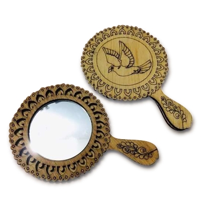 Picture of Wooden Craft Embossed Design Mini Pocket Make Up Mirror With Handle