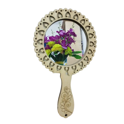 Picture of Wooden Craft Embossed Design Mini Pocket Make Up Mirror With Handle