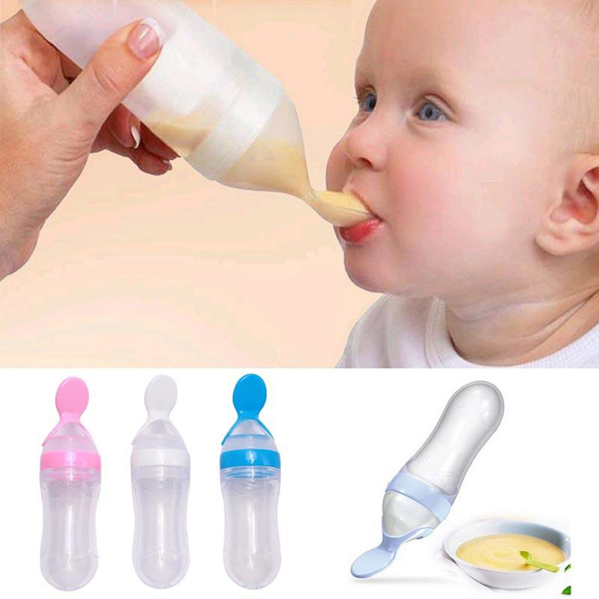 Picture of Silicone Baby Food Dispensing Spoon & Feeder, Travel Baby Training Bottle with Spoon feeder set