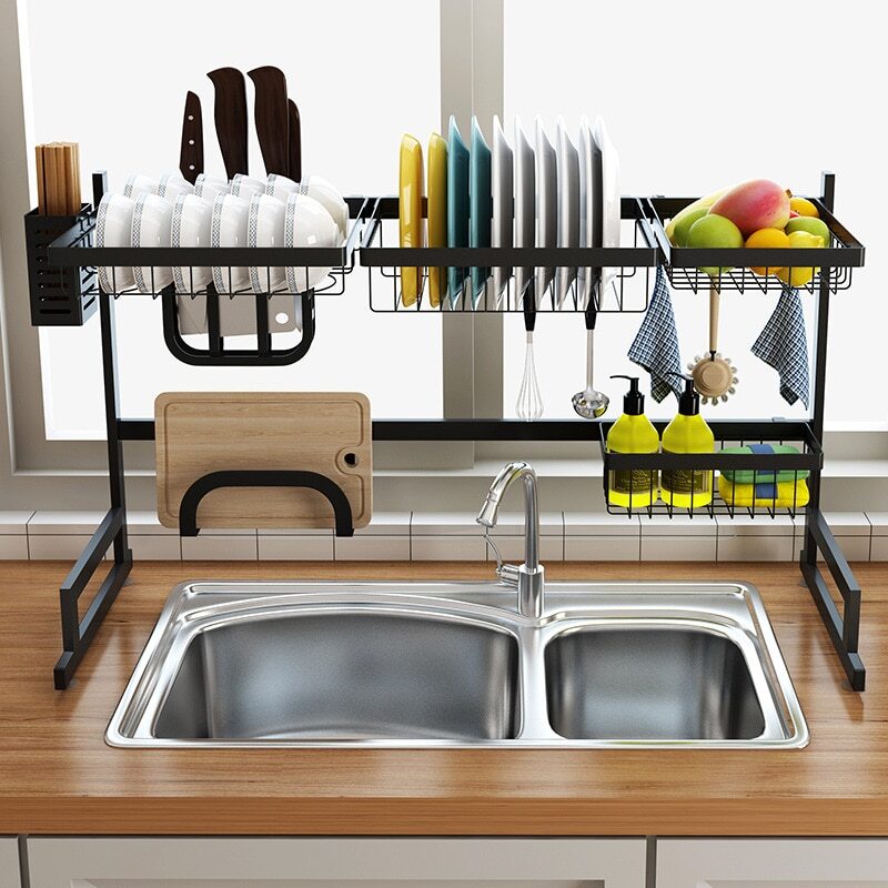 Picture of Stainless Steel Black Kitchen Accessories Utensils Dish Plates Drying Storage Rack Over Sink