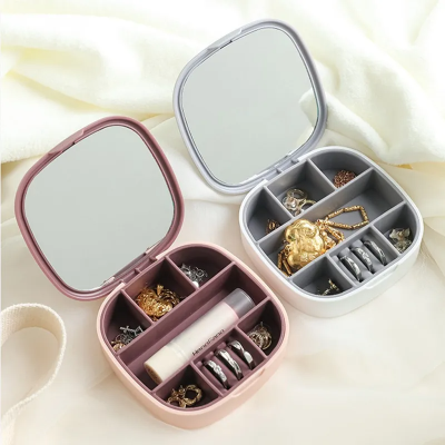 Picture of Women Girls Earrings Ear Stud Box Organizer Portable Jewelry Storage Case Small Travel Jewelry Boxes with Mirror
