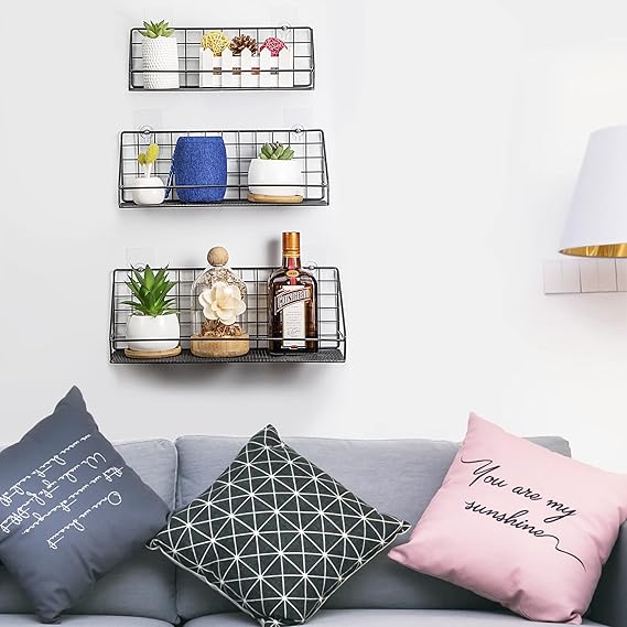 Picture of Floating Shelves Set of 3, Wall Mounted Storage Rack Shelves for Bedroom, Living Room, Bathroom, Kitchen, Office and More - Carbonized Black