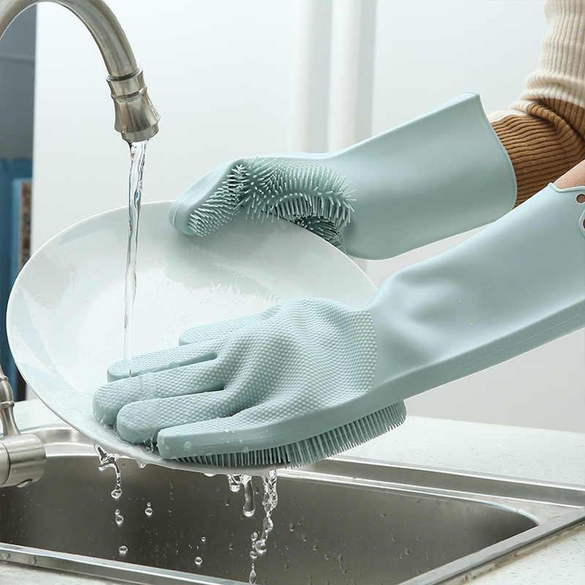 Picture of Reusable Multiparapus Magic Silicon Dishwashing Gloves Scrubber Cleaning Gloves 2 Piece