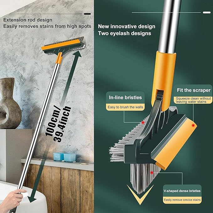Picture of 3 in 1 Tiles Cleaning Brush, Bathroom Brush with Long Handle, 180° Rotate Bathroom Floor Cleaning