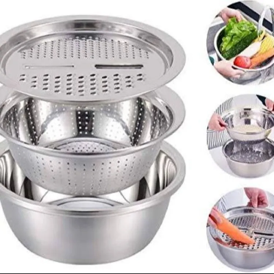Picture of 3 in 1 Multifunctional Stainless Steel Grating Basin thick stainless steel drain basin kitchen/Vegetables Cutter Set