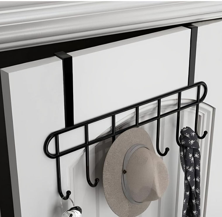 Picture of Multi-Alloy Steel Functional Steel Over The Door Hook Hanger Organizer | Wall Hook Rack | for Hanging Clothes | Door Storage Coat Hooks Behind The Door Organizer (Black)