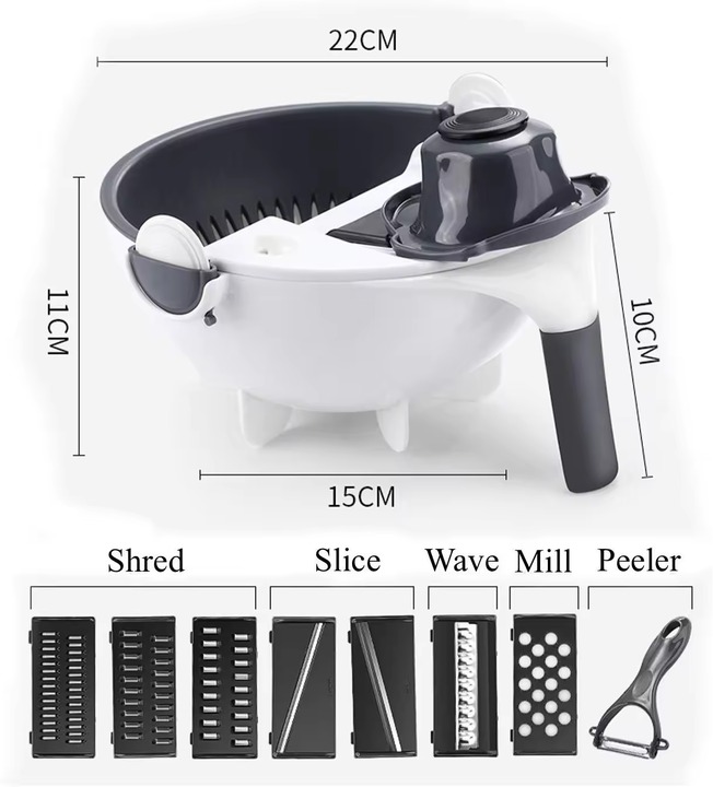 Picture of Kitchen Multi Functional Shredder Wet Fruits Drain Basket Blade Cutter Manual 9 in 1 Slicer Vegetable Grater