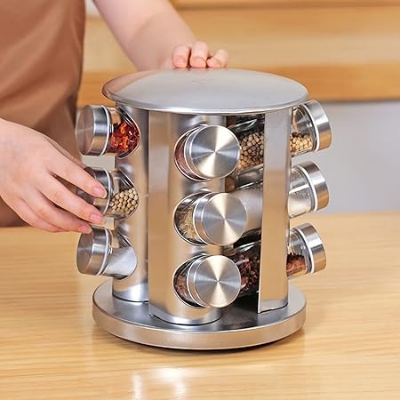 Picture of Stainless Steel & Glass Spice Jar Set - 12 Jars Rotating Kitchen Spice Rack