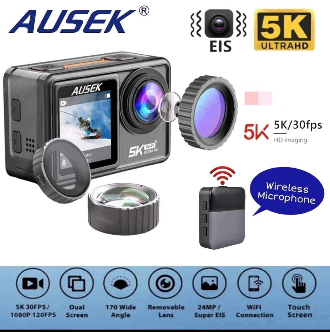 Picture of Ausek AT-S81TR Waterproof 5K Dual Display WiFi Action Camera Dual Touch Screen - Combo Pack (Dual Battery, Charger, Microphone, Remote) with 6 month Official Warranty