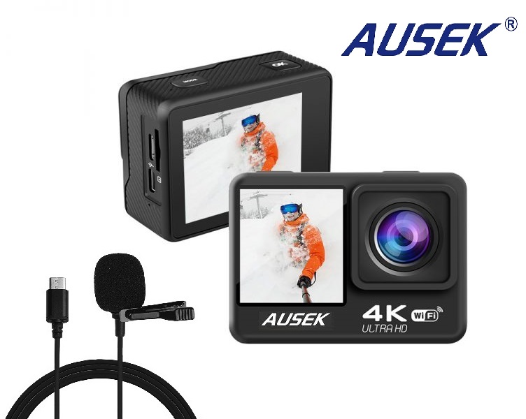 Picture of Ausek Q60TR 4K Ultra HD Touch Dual Screen Selfie-Time Action Camera with Extranal Microphone, Remote & EIS