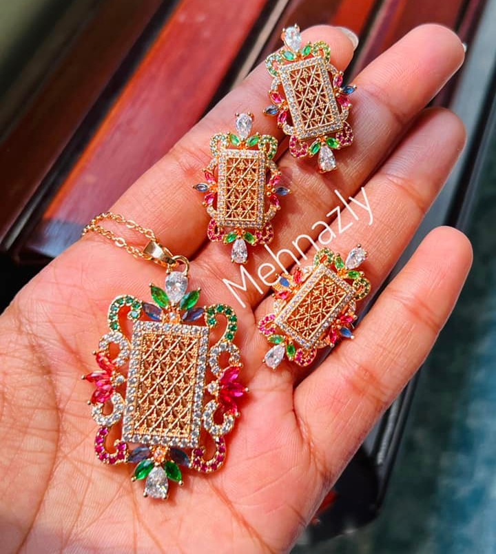 Picture of Latest Design Fashionable Taiba Necklace Set With Earring & Ring For Girls -Sparkle With Elegance