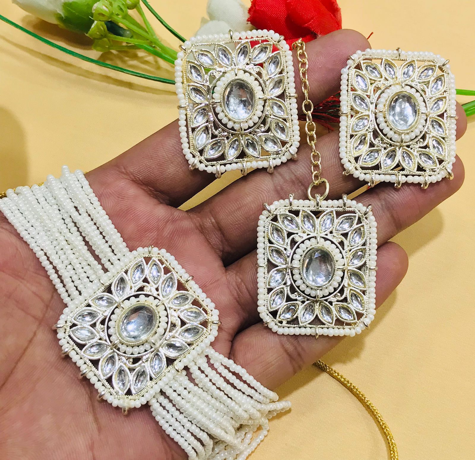 Picture of Premium Kundan Stones Indian Fancy Pearls White Beaded Choker Necklace, Earring & Tikli Set, Kundan Choker Set For Women