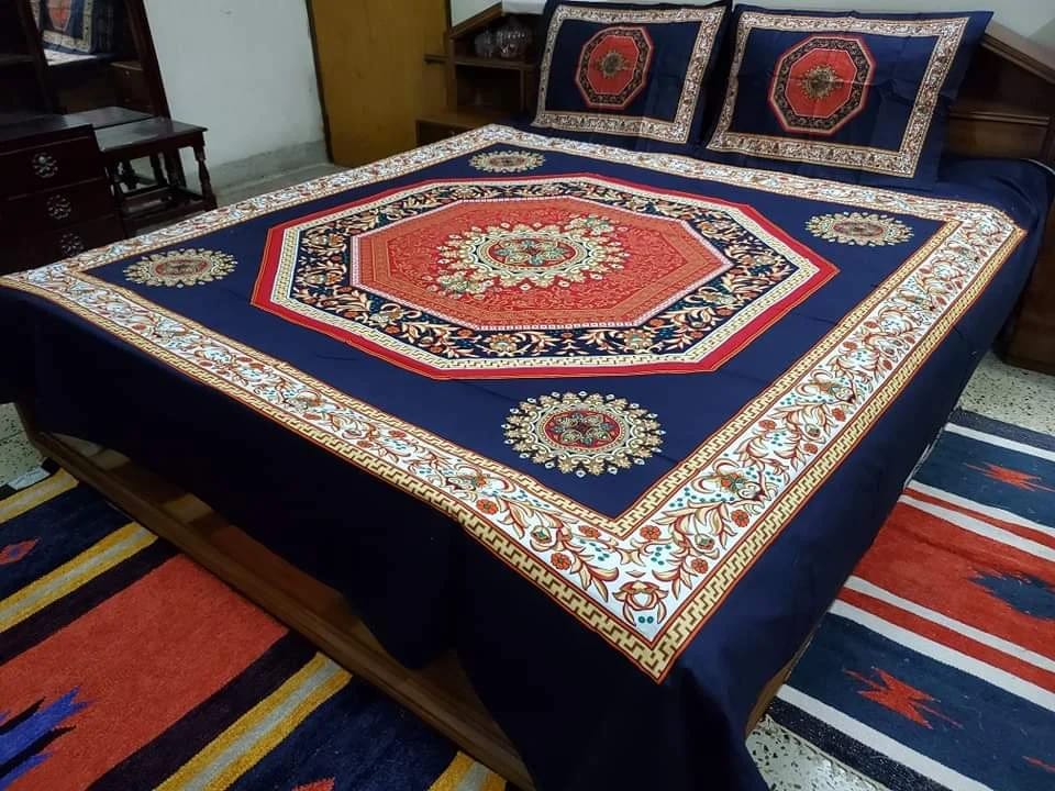 Picture of Home-Tex New High Quality Navy Blue Panel Cotton Bed Sheet Set (3 Pcs) From Golden Plus - Bed Sheet