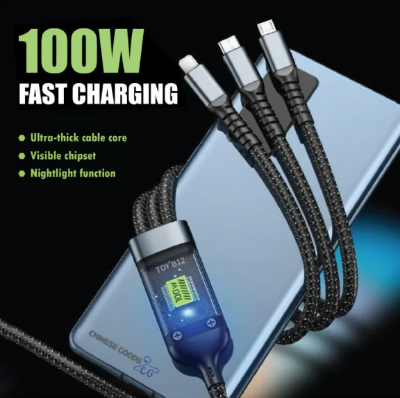 Picture of 100W 3-in-1 Fast Charging Cable with Smart Display – Pure Copper Core