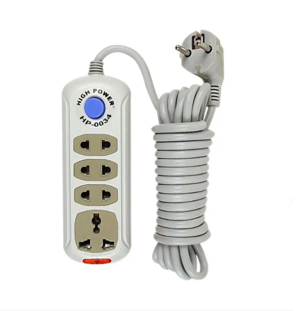 Picture of High Power HP 4 Gang Socket Multiplug Power Strip – 4 Port Extension with 2M/5M Cable | 2500W Max Load | Overload & Surge Protected | Power Switch & Indicator | 2 Pin Plug – White