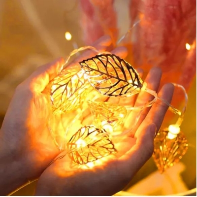 Picture of ধাতব ফেইরি লাইট 3D লিফ শেপ সোনালী রঙের কারেন্ট চালিত পিসের সেট