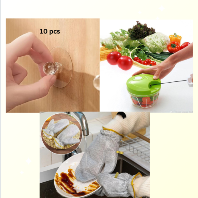 Picture of kitchen combo package🔸 ১ জোড়া ডিস ওয়াশিং হ্যান্ড গ্লোভস 🔸মেনুয়াল সবজি চপার 🔸১০ পিস ওয়াল হ্যাঙ্গার হুক