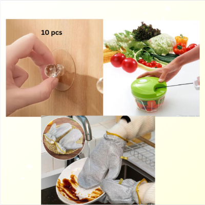 Picture of kitchen combo package🔸 ১ জোড়া ডিস ওয়াশিং হ্যান্ড গ্লোভস 🔸মেনুয়াল সবজি চপার 🔸১০ পিস ওয়াল হ্যাঙ্গার হুক