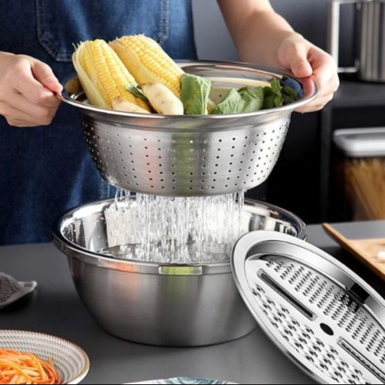 Picture of 3-in-1 Multifunctional Stainless Steel Basin with Vegetable Cutter & Drain Basket