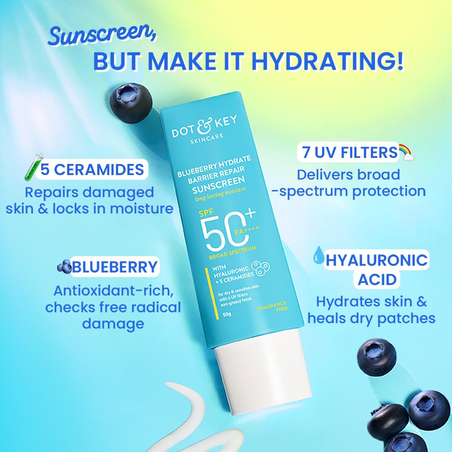 Picture of Dot & Key Blueberry Hydrate Barrier Repair Sunscreen Spf 50+, Pa++++|For Dry Sensitive Skin 50G