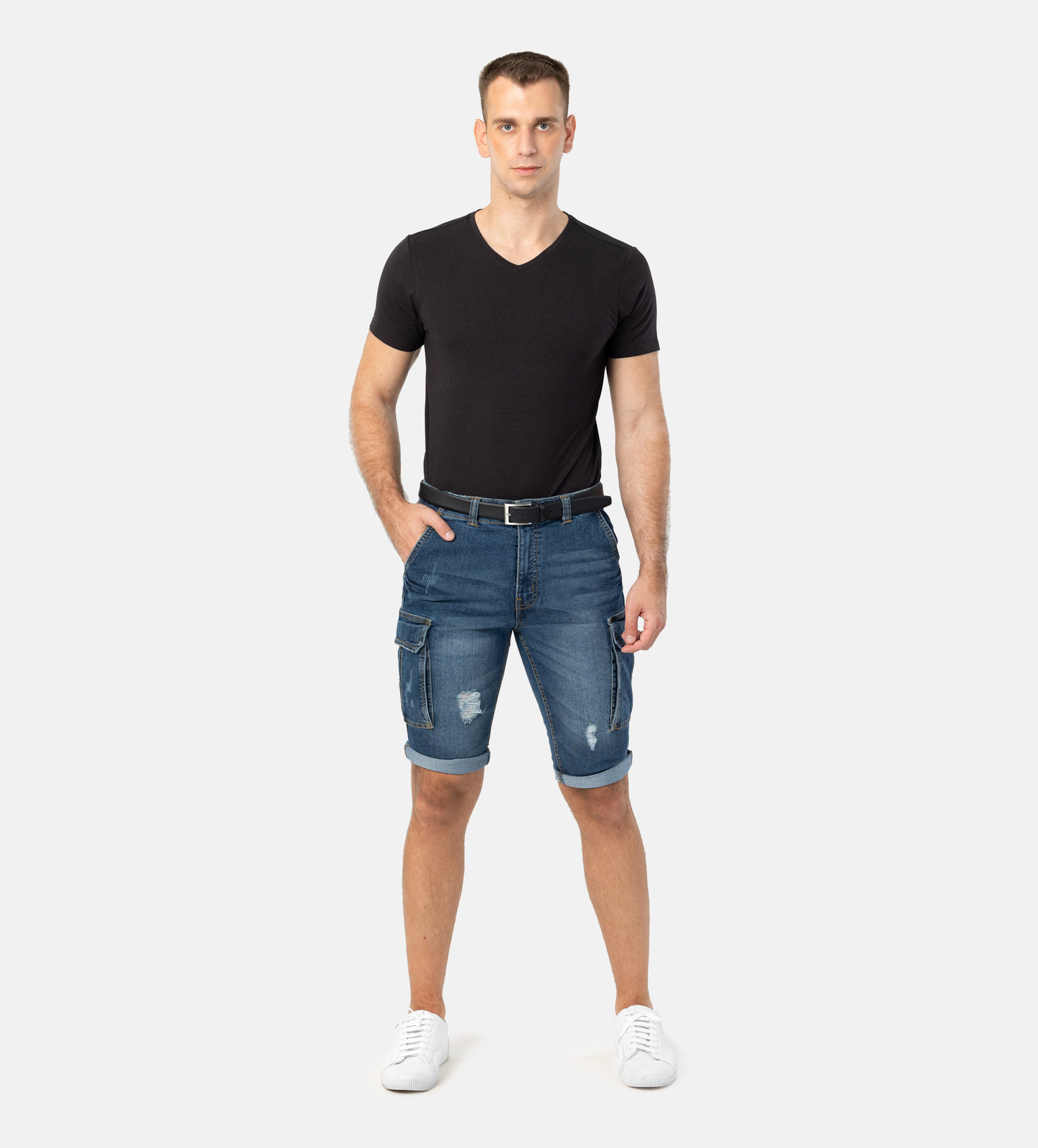 Picture of Pantoneclo Premium Quality Indigo Color Ripped Design Men's Denim Shorts / Pant - 3 Quarter Pant