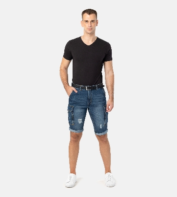 Picture of Pantoneclo Premium Quality Indigo Color Ripped Design Men's Denim Shorts / Pant - 3 Quarter Pant