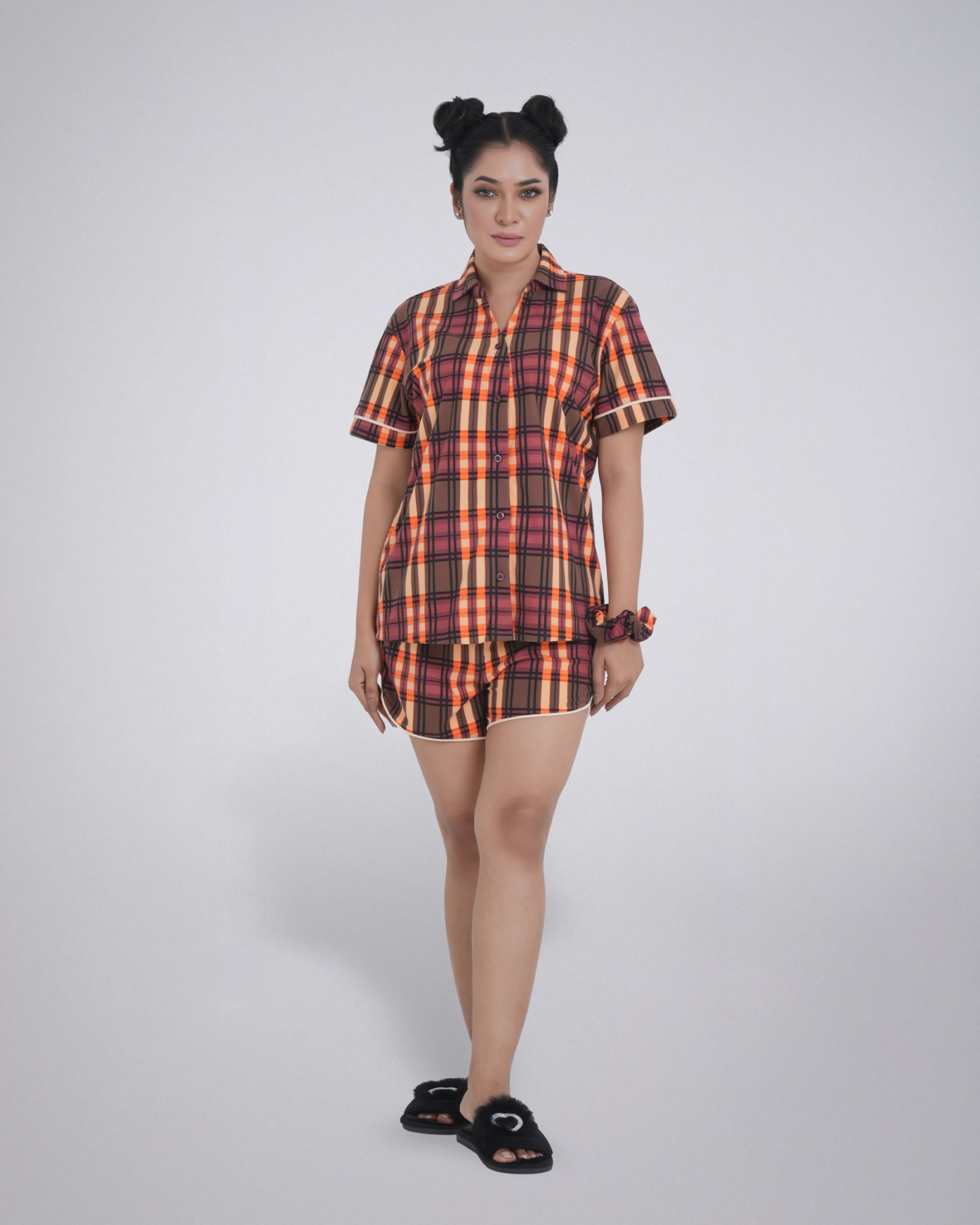 Picture of Leafletic Women's Short Sleepwear Set | Short-Sleeve Button-Down Shirt & Matching Shorts | Check Print Soft & Comfortable Nightwear | Short Pajama Loungewear | Two-Piece Night Suit