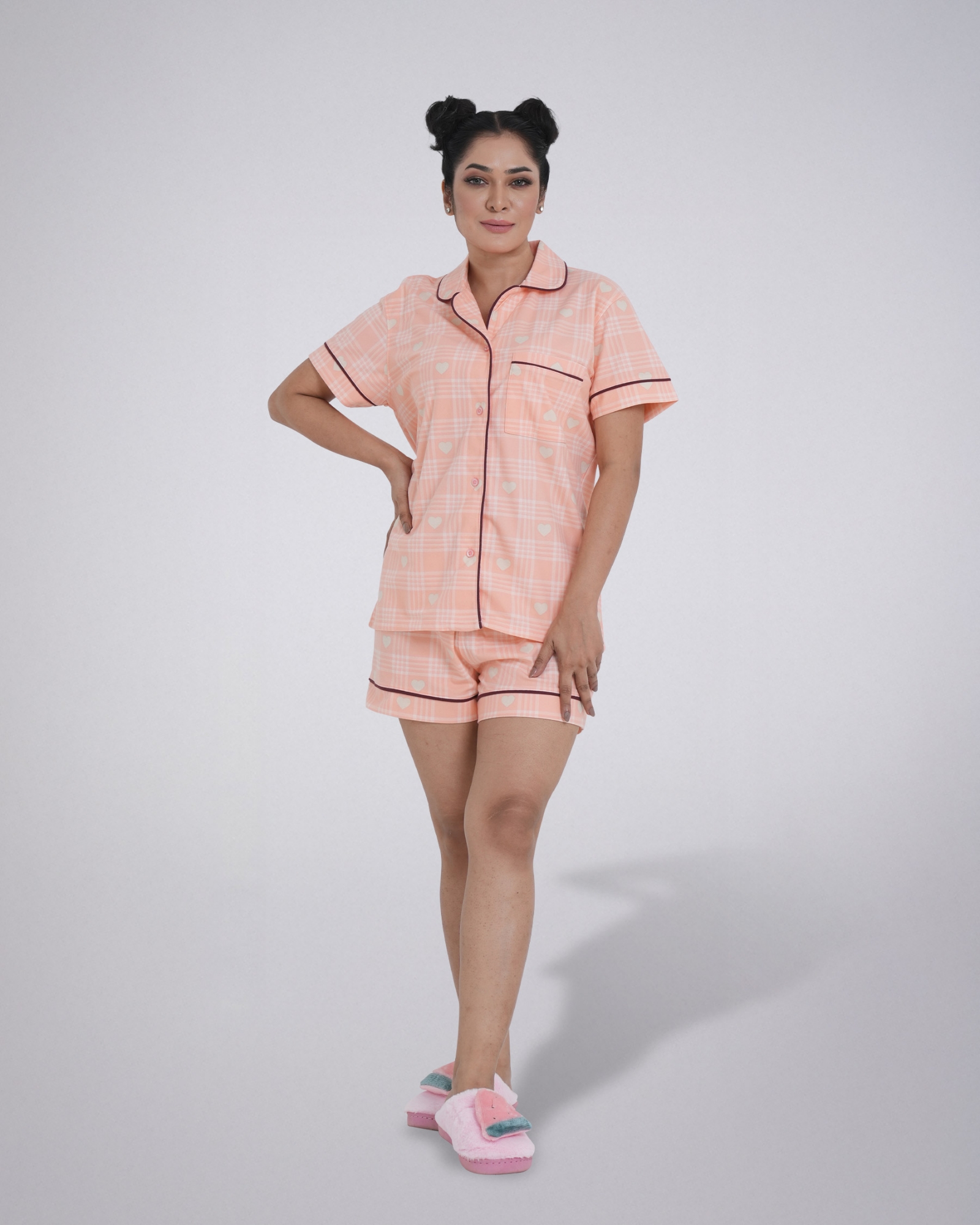 Picture of Leafletic Women's Short Nightwear Set | Short-Sleeve Button-Down Shirt & Matching Shorts | Soft & Comfortable Sleepwear | Check Print Short Pajama Loungewear | Two-Piece Night Suit