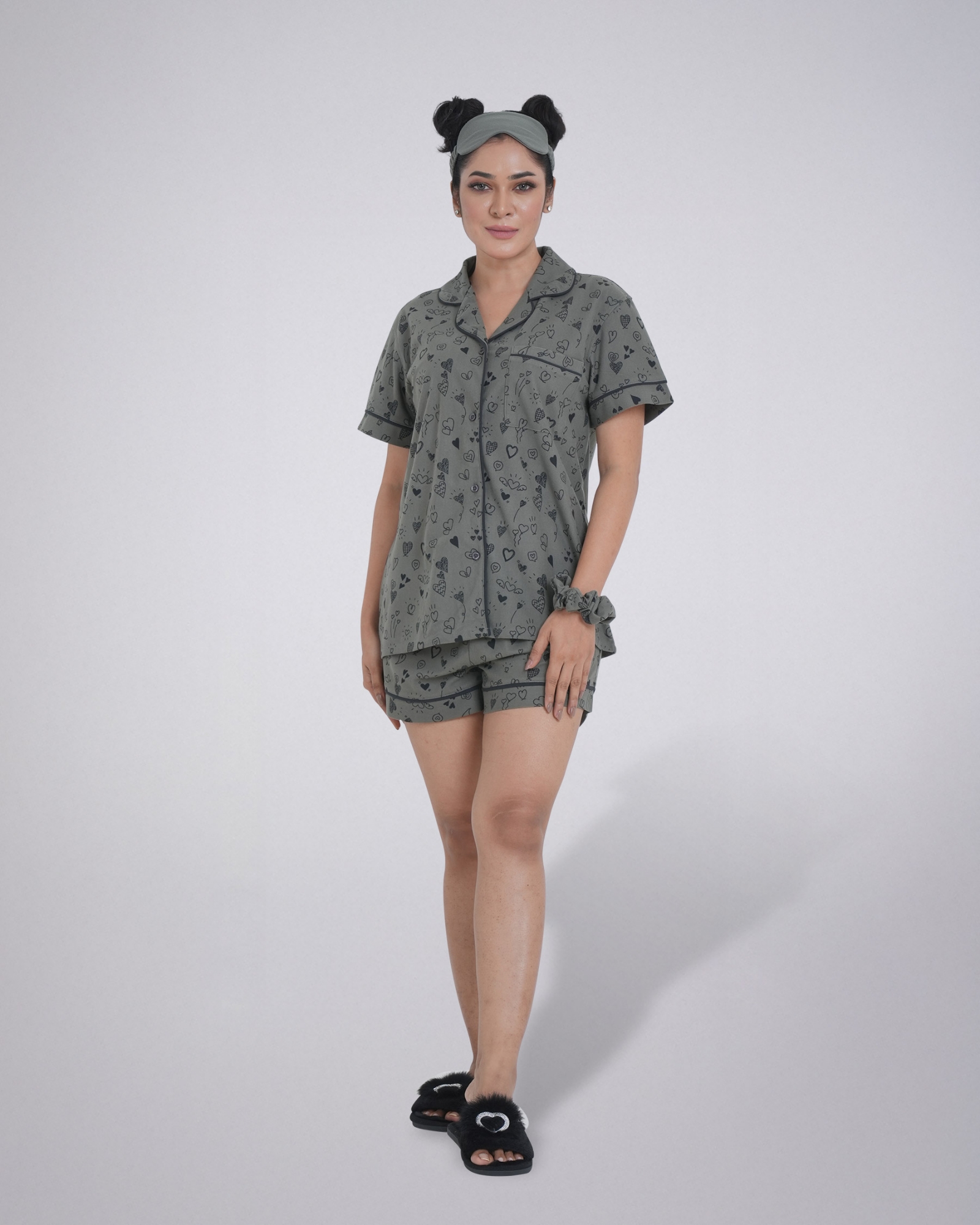 Picture of Leafletic Women's Short Nightwear Set | Short-Sleeve Button-Down Shirt & Matching Shorts | Soft & Comfortable Sleepwear | All-Over Print Short Pajama Loungewear | Two-Piece Night Suit