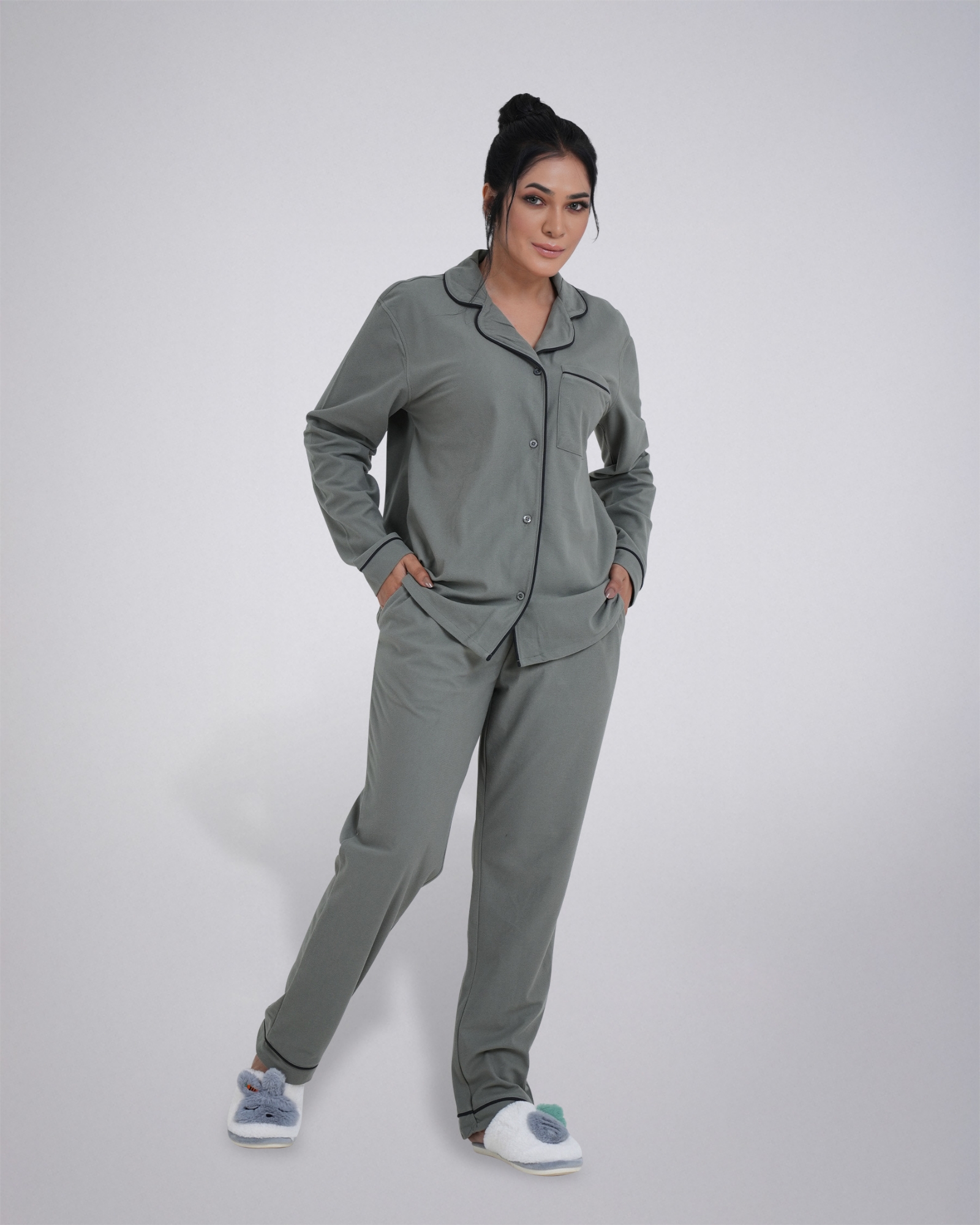 Picture of Leafletic Women's Sleepwear Set | Long-Sleeve Button-Down Shirt & Matching Trousers | Soft & Comfortable Nightwear | Loungewear Pajama Set | Two-Piece Night Suit