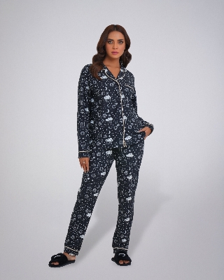 Picture of Leafletic Women's All-Over Print Sleepwear Set | Long-Sleeve Button-Down Shirt & Matching Trousers | Soft & Comfortable Nightwear | Loungewear Pajama Set | Two-Piece Night Suit
